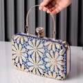 Sparkling blue sequin evening clutch with gold floral rhinestones and metal handle - Blue