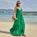 Elegant green backless maxi dress with a tiered skirt, perfect for a summer beach vacation - S / Green