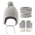 3-piece baby winter knit set with pom-pom hat, neck warmer and fleece-lined mittens - Gray