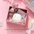 Pink tulip gift box with ceramic mug, plush bunny pendant, and flower greeting card - Flower Mug + Bunny Pendant + Card