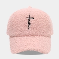 Cappellino da baseball rosa in lana d'agnello con ricamo Faith a croce per l'inverno - Regolabile / Rosa