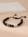 Matte black beaded bracelet with soccer charm and letter V initial charm for sports fans - Letter V