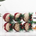 Set of 6 red and black plaid Christmas ball ornaments with jute rope and pine cones - 8cm Style 6 (Plaid Jute Patchwork Boxed)