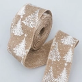 Christmas burlap ribbon featuring white tree prints and silver glitter decorations - Natural Christmas Tree