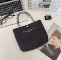 Mini sac cabas en toile noire avec broderie jaune et poignée perlée colorée pour femme - Petit / Bleu et Rose