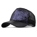 Detail of purple sequin baseball cap with black mesh back and flat visor - Adjustable / Dark Purple Sequin (JX-380110)