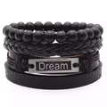Heren vierdelige zwarte leren en kralen armbandenset met zilveren Dream-plaatje - Zwarte Armband met Dream Metalen Plaat