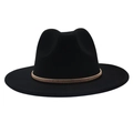 Detail of black fedora hat featuring a textured gold metal ring and wide flat brim - Black (Gold Ring)