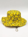 Detail of yellow sun hat with cartoon duck prints and white adjustable chin strap - Yellow Duck
