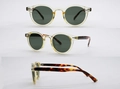 Detailansicht der Vintage-Rundsonnenbrille mit Bernsteinrahmen und Schildpattbügeln - Bernstein Rahmen Schildpatt Bügel Graue Gläser