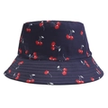 Detailed view of navy blue bucket hat with red cherry pattern and stitched brim - Style 11-Navy Full Print Cherry