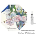 Three-fold automatic umbrella with white rose oil painting print and silver sunproof coating - Automatic 3-Fold White Rose - Silver Coating