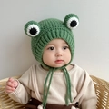 Green frog knit baby hat with ear flaps and chin straps for infants and toddlers - Green Frog - Not Lined