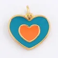 Double heart charm with light blue and orange enamel in gold plated brass finish - Turquoise Orange Heart-L281424