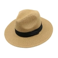 Classic wide brim Panama straw hat with black ribbon detail for summer beach vacations - Khaki