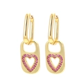 Minimalist gold heart lock earrings with pink crystals in a symmetrical display - Gold-Red