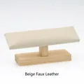 Beige leather T-bar bracelet holder with a natural solid wood base for jewelry display - Flat Bracelet Stand: Beige Leather