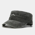Close-up of a grey washed cadet cap featuring detailed white mountain peak embroidery - Adjustable / Army Green