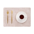 Beige faux linen textured placemat with gold cutlery and white coffee cup on white background - Rectangle / Rectangular Grass Green