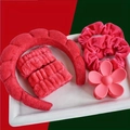 Pink and red velvet sponge headband set with hair ties and floral clips on a white tray - Red 6pcs Set (Headband, Hair Clip, Scrunchies, Wristbands)