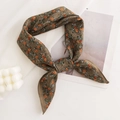 Brown floral silk scarf with orange and blue small flower patterns on white background - 65*65cm / Grey Green Floral