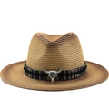 Wide brim straw fedora with bohemian band and metal bull head pendant for summer outdoor - Light Brown Log Bull Head Style (02)