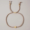 Handmade woven cord bracelet in brown and white with a gold cross charm pendant - Khaki Gold Thread Cross