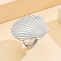 Minimalist silver shell ring in stainless steel with an adjustable open band design - J03371 / Silver
