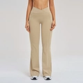 Pantalon évasé de yoga kaki à taille croisée haute avec poches latérales pratiques - Chameau Clair