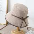 Beige wide brim sun hat for women featuring waffle texture and plaid bow decoration - M (56-58cm) / Light Khaki