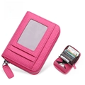Rose red leather RFID accordion card case with zipper closure and transparent ID window - JP-6002 Style / Rose Red