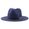 Dettaglio della trama in paglia blu e del cinturino in ecopelle marrone del cappello - Blu navy