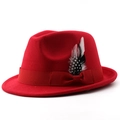 Close-up of red wool fedora hat featuring a stylish bow ribbon and spotted feather detail - M(56-58cm) / Red