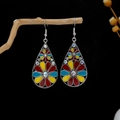 Bohemian silver oval drop earrings with colorful floral enamel and white crystals - Silver Red Yellow Blue Floral Rhinestone Style (E4279-2)