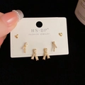 Three-piece set of elegant gold stud earrings with crystal hearts and ribbon designs - Gold-Crossed Heart Set (117#)