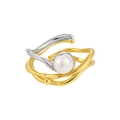 S925 zilveren open ring met tweekleurige plating en een witte zoetwaterparel voor dames - Nr. 15 / Verstelbaar open / JF1100 Model / Tweekleurige Twist