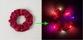 Red silk LED hair scrunchie showing bright daylight texture and glowing nighttime light effect - Lighted-Wine Red