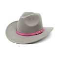Detail of light gray felt cowboy hat featuring a vibrant pink belt and metallic buckle - M (56-58cm) / Light Gray