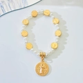 Religious St. Benedict bracelet with white faux pearls and gold vintage medals - KC Gold (K-180)