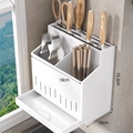 Organizzatore da cucina bianco per coltelli e cucchiai, dimensioni 18x10x19,2cm - Doppio Uso a Parete/Appoggio / Portacoltelli e Bacchette in Acciaio Inox - Bianco