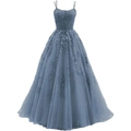 Elegant dusty blue spaghetti strap A-line evening dress with lace appliqued tulle skirt - Tops / Gray Blue / US size 2