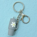 Grey miniature cup keychain with white daisy flower charm and silver metal clasp - Keychain / Grey Flower Cup Keychain