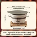 Ceramic stove set for tea roasting with 32.6cm metal grill tray and wooden base - 24-inch Large Charcoal Stove + Baking Tray + Iron Stand + Wood Mat / Dia 24cm H 15cm Tray 32.6cm