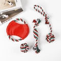 Close-up of Christmas themed dog cotton rope toy set with festive red and green colors - 4-Piece Set Style 2 (310g)