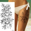 Sketch peony flower temporary tattoo sticker BK-036 for thigh application on white background - Pattern BK-036