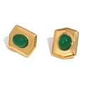Retro 18K gold plated stainless steel hexagonal stud earrings with green gemstones - Gold Color Green Agate