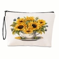 Wasserdichte Leinen Kosmetiktasche mit Sonnenblumen-Druck und schwarzer Handschlaufe - Sonnenblumen-Teetassen-Stil 2 (xy-007-03) / Mit Handschlaufe