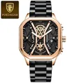 Business men's watch with rose gold square case and black steel strap by Poedagar - Gold Case Black Dial Black Steel Strap