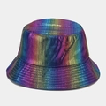 Detail of metallic iridescent bucket hat featuring vertical pleated texture and rainbow gradient - Iridescent Blue