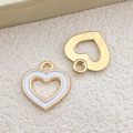 Golden heart pendant with white enamel inlay and openwork wing design DIY accessory - 1Pc White Heart Shape Charm 14x15mm